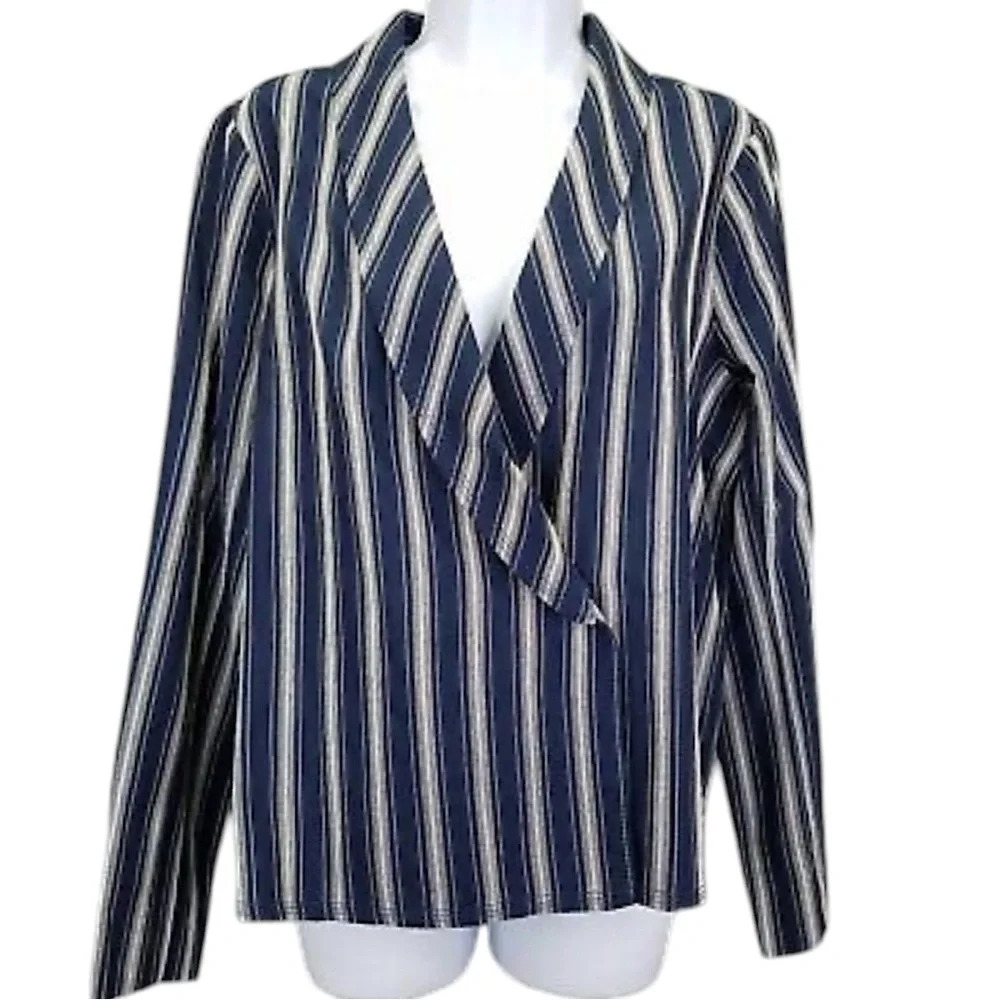 J. Crew Cotton Blend Blouse / Jacket Wrap Around Navy Blue Stripes SZ L
